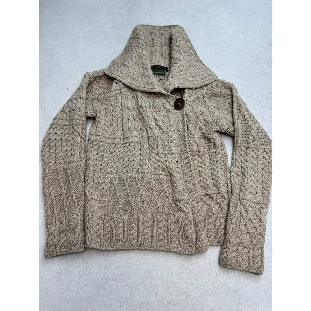 Blarney Woollen Mills Cardigan Sweater Womens Small Beige Merino Wool Cable Knit